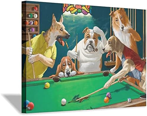 Забавни Животни Кучета Играят Билярд Плакат Картина на Платно, с монтиран на стената Арт Принт Начало Декор