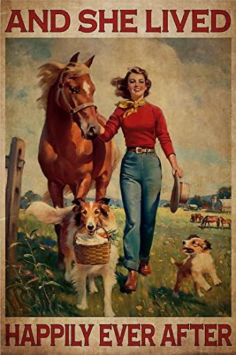 Метална Лидице ретро Табела - Ретро Метален Плакат на Момичето с коня и Кучетата, Тя е живяла дълго и щастливо,