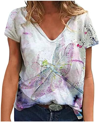 3D Ризи с Стрекозой за Жени, V-образно Деколте, Къс Ръкав, Сладки Тениски За Момичета, Свободна Риза, Блуза,