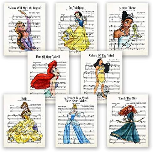 AtoZStudio Стенни художествени плакати на Принцеса Дисни - Комплект от 8 артистични щампи // Музикални листове