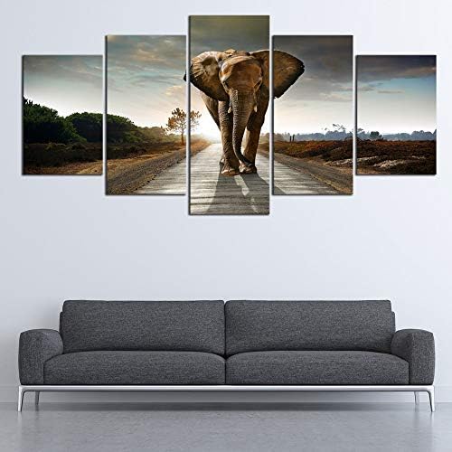 Wieco Art Elephant Extra Large 5 Панели Модерни Опъната и в Рамка Платна Giclée с Щампи на Животни и на Пейзажи,
