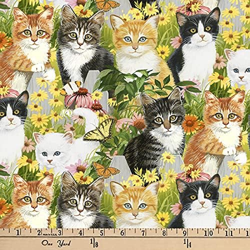 Памучен плат DAVID TEXTILES Cats & Daisies by The Yard, многоцветен, 45 см