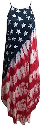 На 4 юли, на Макси рокля за Жените, Ежедневна Лятна Рокля в стил Бохо, Американски Флаг, Без Ръкави, с Кръгло