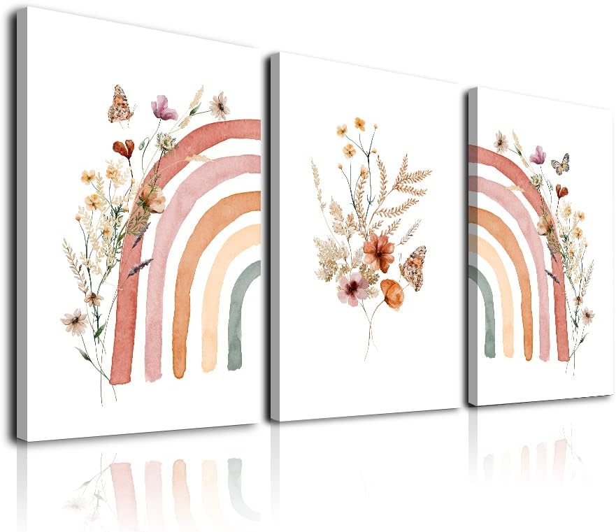 Комплект от 3 стенни щампи в бохо стил с дъга, Красиви диви цветя, Стенен интериор в стил Бохо за детска стая